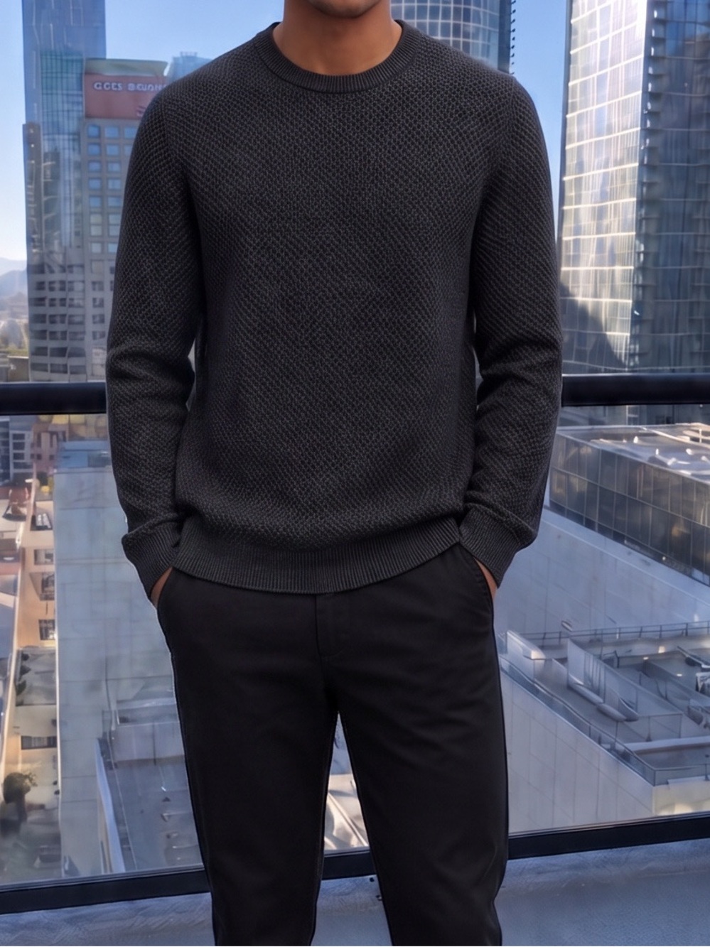 Zara Men's Black Textured Crewneck Sweater Fitted Side L